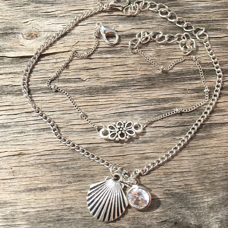 Qevila Fashion Bohemian Footwear Punk Style Silver color Chains Ankle Vintage Shell flower Zircon Multi-lay Bracelet Leg Jewelry (8)