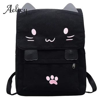 

Aelicy Japan and Korea Style Harajuku Cute Embroidery Cat Canvas Backpack Preppy Style Satchel School Bag For Teenager Girls