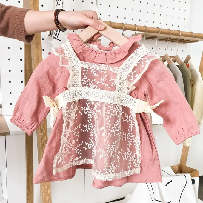 

Newborn Baby Princess Dress Fashion Lace Splice Long Sleeve Kids Dresses for Girls Wooden Ear Doll Collar Cotton Infant Clothing