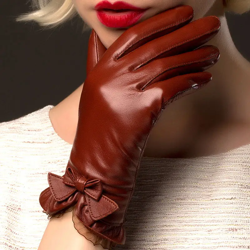 Перчатки из натуральной овечьей кожи, модная женская кожаная перчатка с кружевным бантом, теплая зимняя NW176-9 для вождения - Цвет: Red Brown