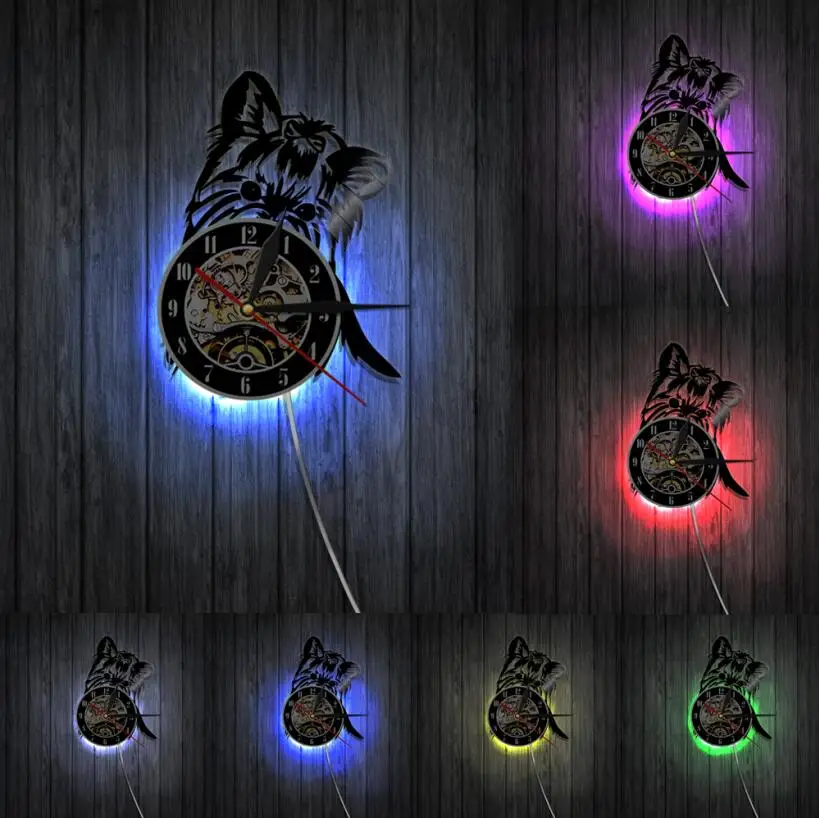 1 шт. Виниловая пластинка йоркширского терьера настенные часы собачий силуэт светодиодный свет животные тема Декор для дома своими руками подарок для любимого собаки - Цвет: With LED