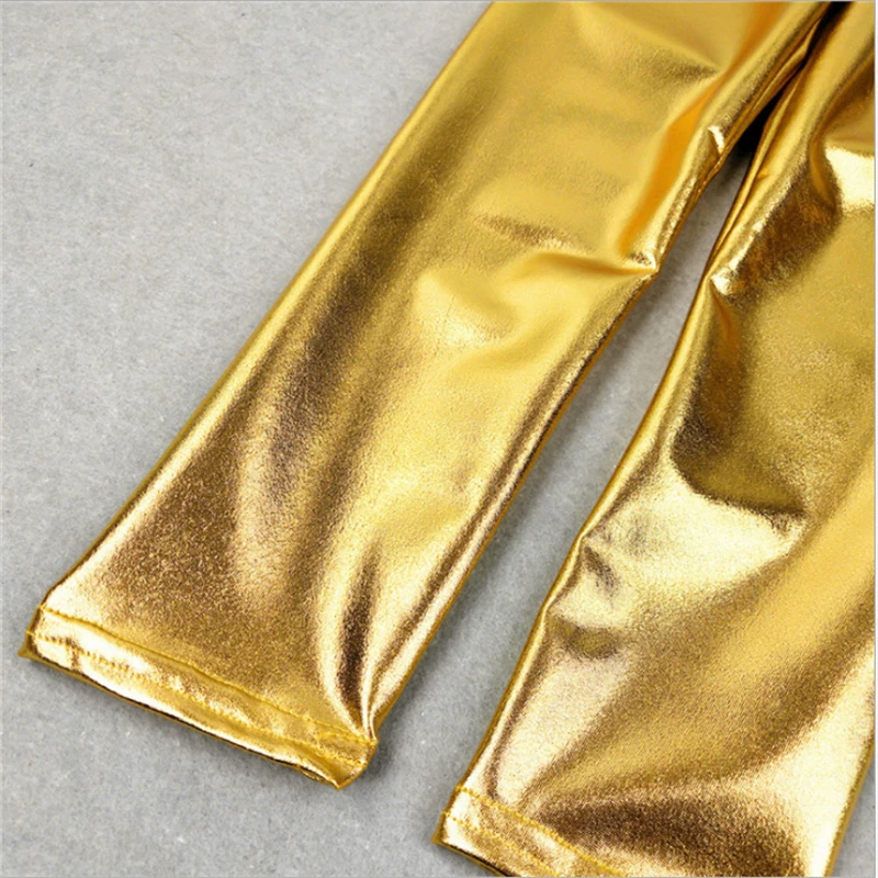 Детские леггинсы для девочек, эластичные От 2 до 12 лет штаны, обтягивающие детские кожаные леггинсы золотистого цвета с металлическими вставками для выступлений