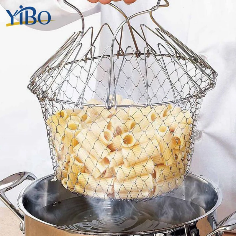 

YIBO 1Pc 23*23CM Stainless Steel Foldable Frying Basket Oil Strainer Net Multifunction Foldable Steam Rinse Fliter Accessories