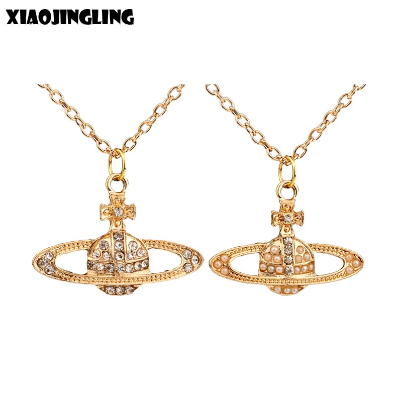 

XIAOJINGLING Fashion Necklace Crystal Pearl Round Gold Saturn Necklaces & Pendants Sweater Chain Long Necklace Women Girls Gifts