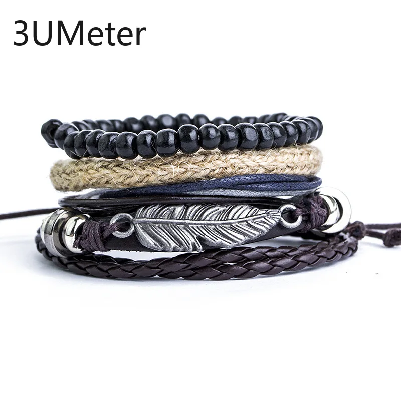 

3UMeter 2019 New Bracelet leather for men multilayer bracelet jewelry Wooden beads Weaving bracelet feather gift for boyfriend