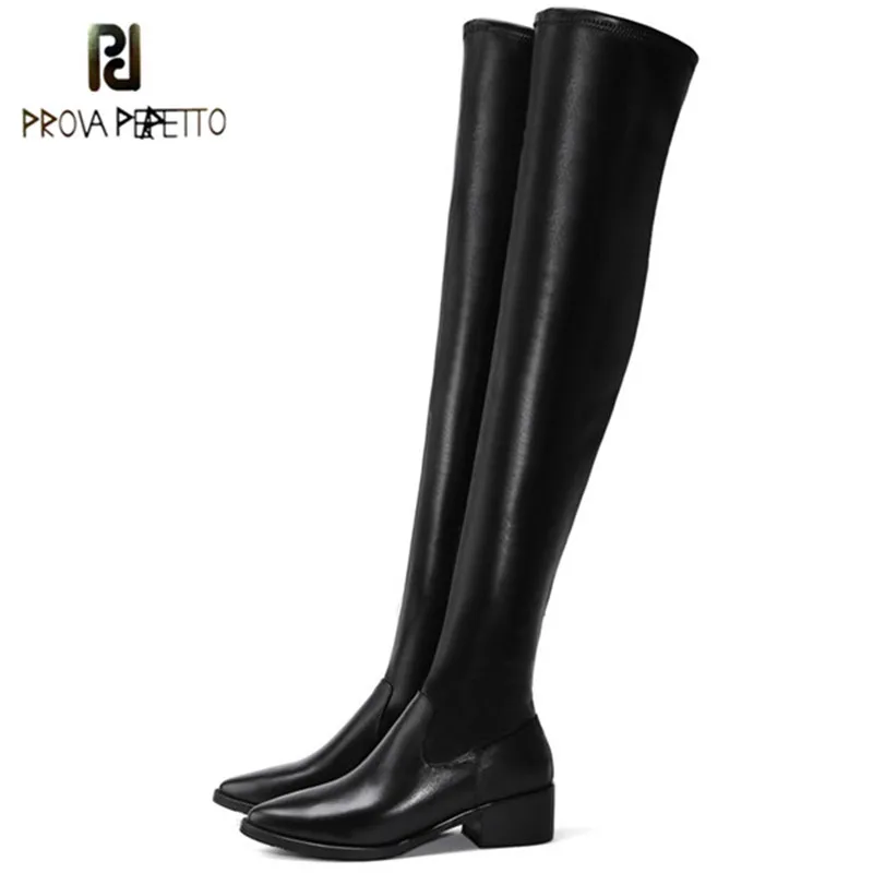 

Prova Perfetto Fashion Women Boots Pointed Toe Sexy Over The Knee Boots Real Leather Zipper Long Boots Square Heel Ladies Boots