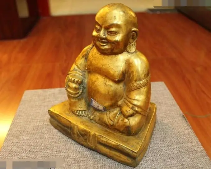 

S6543 8"Tibet Buddhism Temple Purple Bronze 24K Gold beer belly Maitreya Buddha Statue D0317