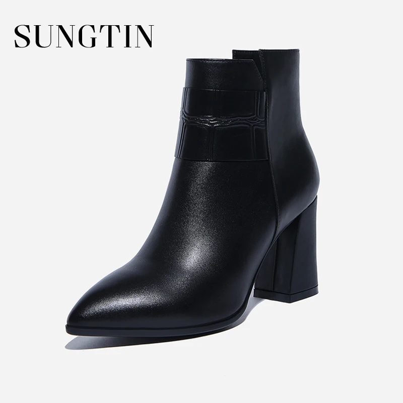 

Sungtin Fashion Square High Heels All Match Ankle Boots Women Autumn Winter Basic Simple Short Boots High Quality Cow Leather