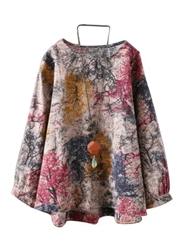 

Women Blouses Casual Print Long Sleeve O Neck Top Shirt Blouse Plus Size Cotton Linen Blouses