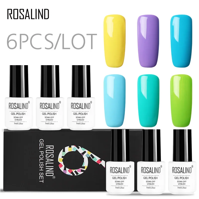 

(6PCS/LOT)ROSALIND 7ml Pure Colors UV Nail Gel Polish Kit Nail Art Semi Permanent Soak off Base Top Coat Manicure Gel Lacquer
