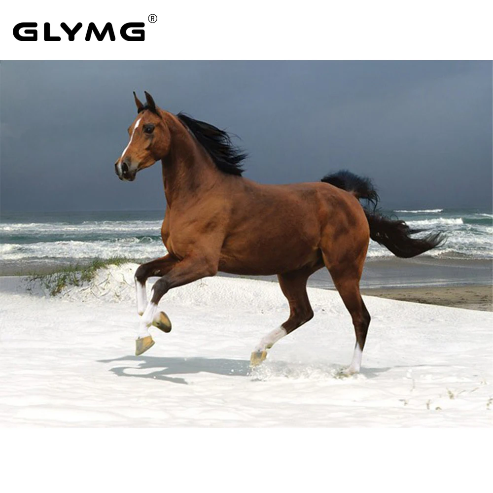 

GLymg Embroidery Handicraft Seaside Brown Horse Animal Square Rhinestone Diamond Embroidery 5D Diy Diamond Painting Cross Stitch