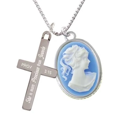 Oval - Blue Cameo - - She is More Precious - Cross Necklace (1)