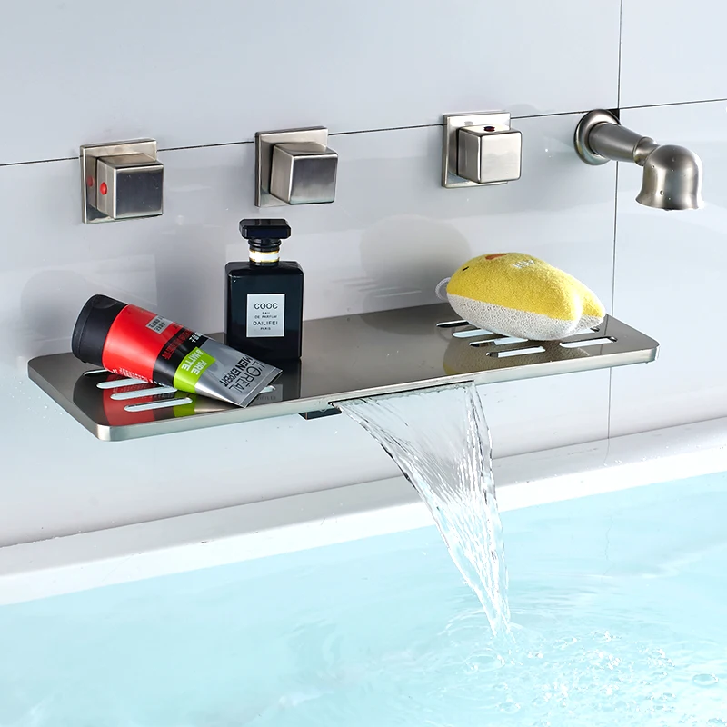 Nickel Brushed Waterfall Spout Bathroom Tub Faucet Four Handles Mixer Tap Wall Mounted Wth Storage Function цена Nickel Brushed Waterfall Spout Bathroom Tub Faucet Four Handles Mixer Tap Wall Mounted Wth Storage Function цены онлайн