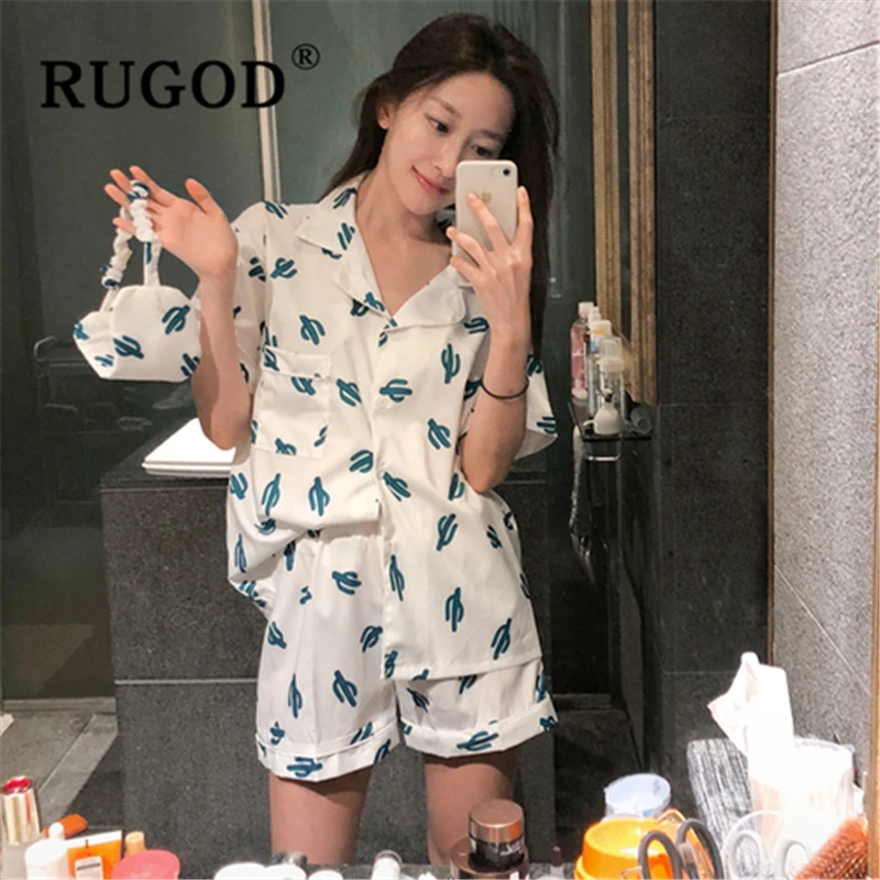 

RUGOD Korean new girl Pajamas Fashion prtintd short sleeve summer sleepwear female clothing Casual 3 pieces homesuit ladies 2019