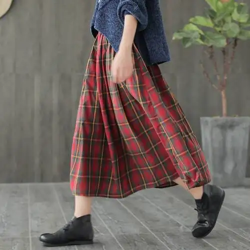

Vintage England style plaid long skirt cotton saia lady