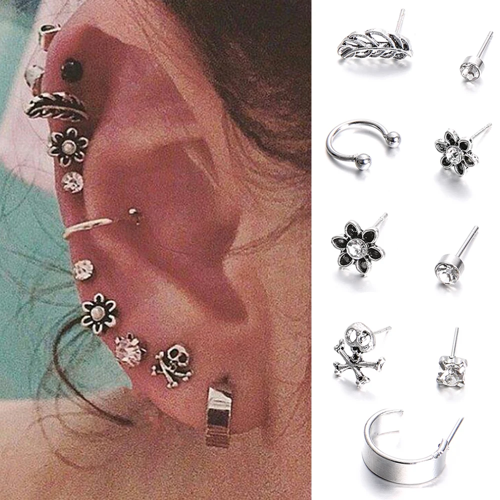

9PCS/Set New Retro Boho Crystal Flower Stud Earring Antique Silver Feather Skull Heart Star Earrings Women Jewelry Accessories