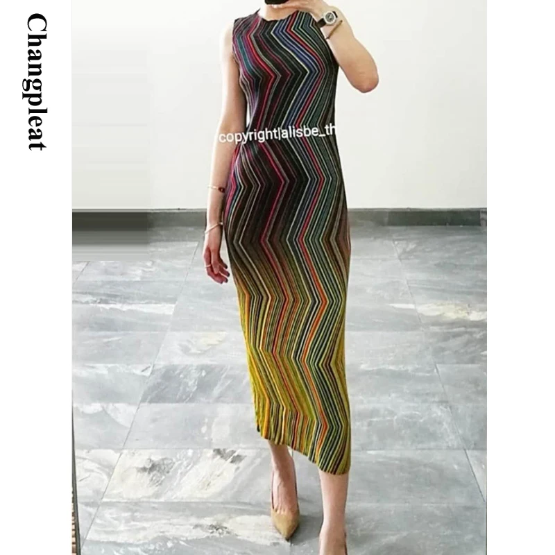 Changpleat 2019 летнее платье в полоску с геометрическим принтом miяка плиссированные