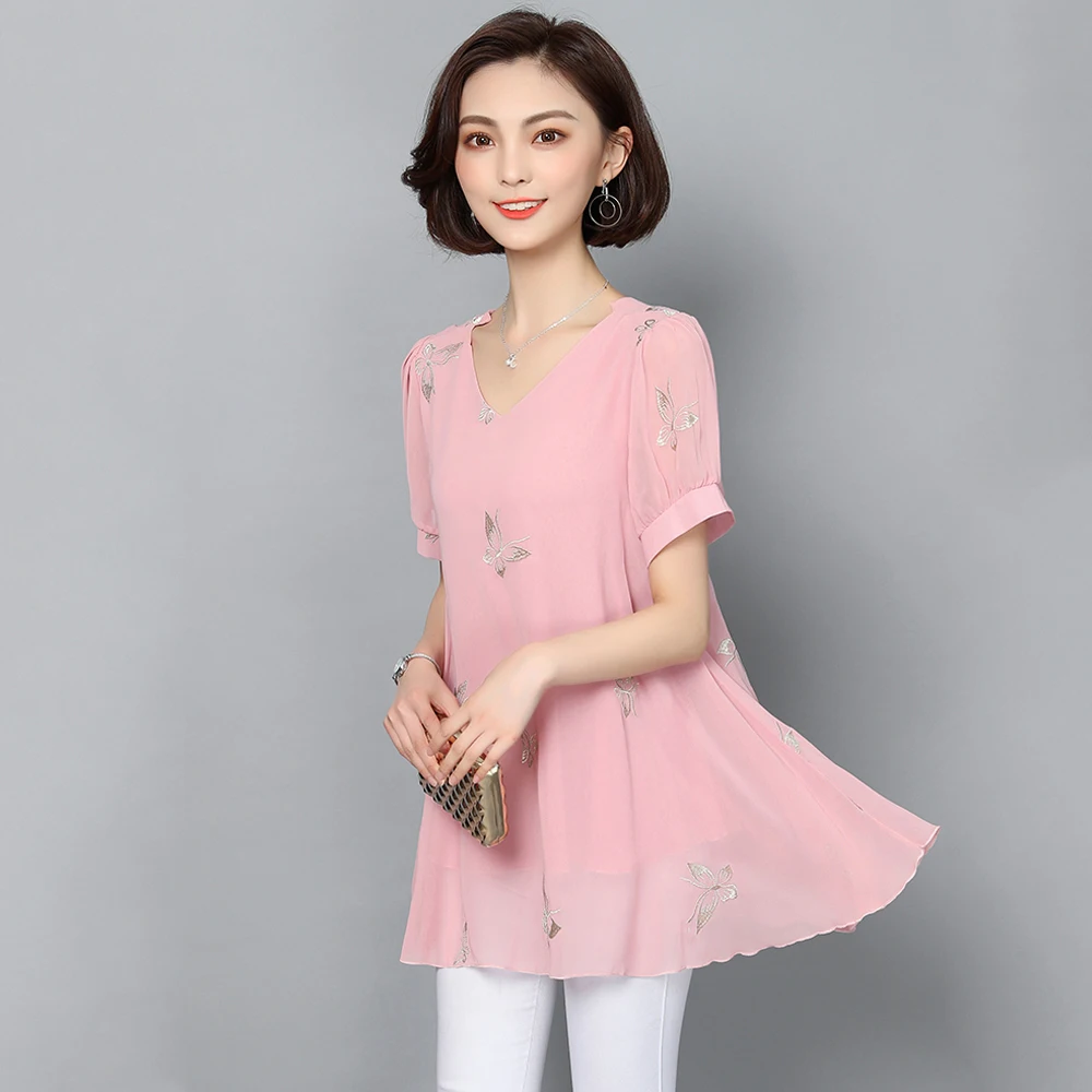 Spring and summer new style Women's large sizeL- 6XL short sleeve blouses Butterfly embroidery temperament chiffon top