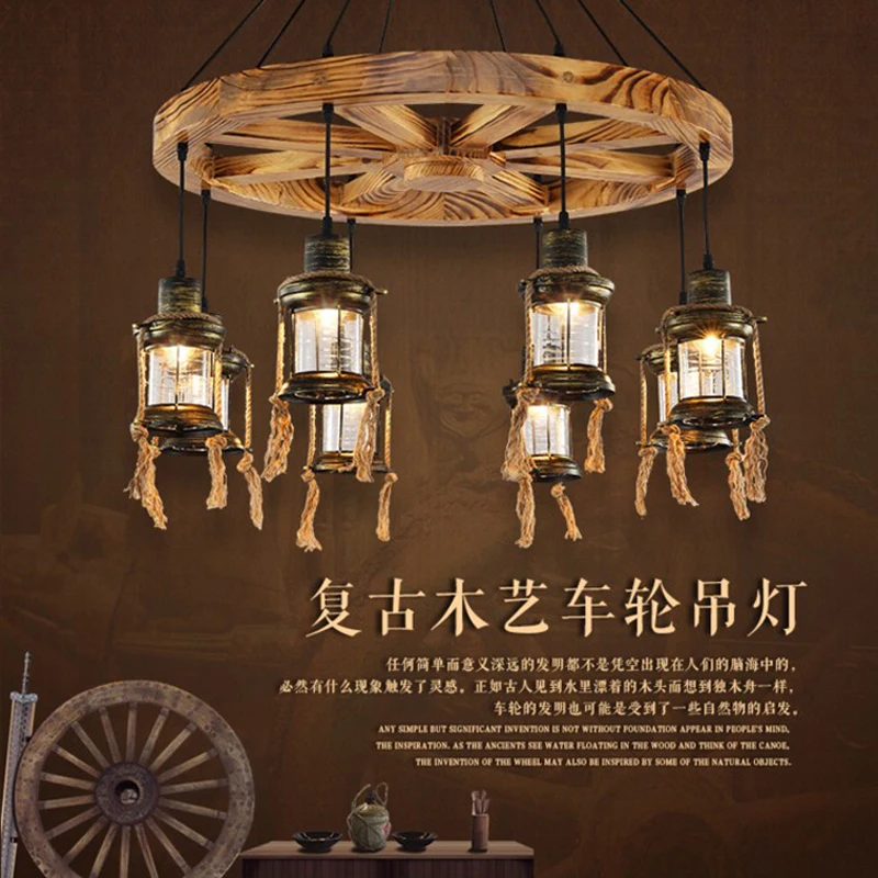 

LOFT Wooden Wheel Pendant Light Vintage Industrial Lighting American Aisle Pendant Lamps 110V-220V LED lamp