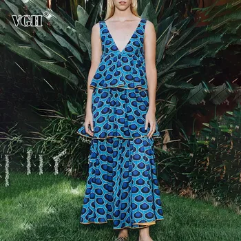 

VGH Summer Print A Line Dress For Women V Neck Sleeveless Off Shoulder Ruffle Bandage Bow Dresses Female Fashion New 2020 Korean