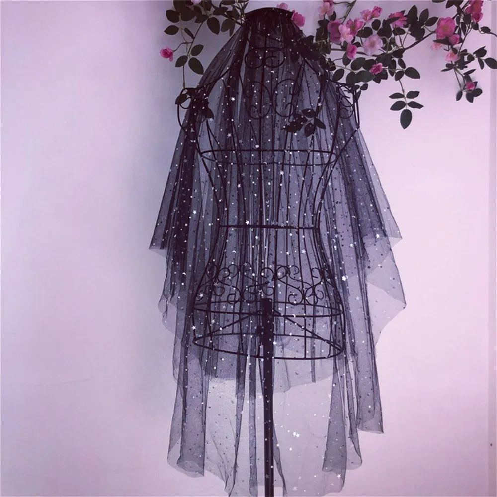 

Black Short Bridal Wedding Veils Tulle with comb Starry Galaxy Veil Cool Halloween costumes voile de Mariage Noir velo de novia