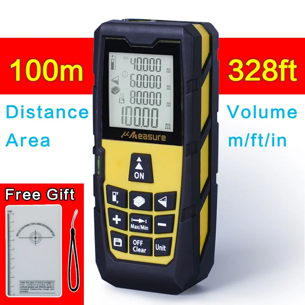

Yellow 320ft (100m) Laser Distance Meter Digital Laser rangefinder Digital Laser Tape Measure Area/volume M/Ft/in Tool