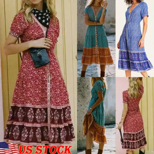 Женское длинное платье с цветочным принтом Boho вечерние платья коротким рукавом и