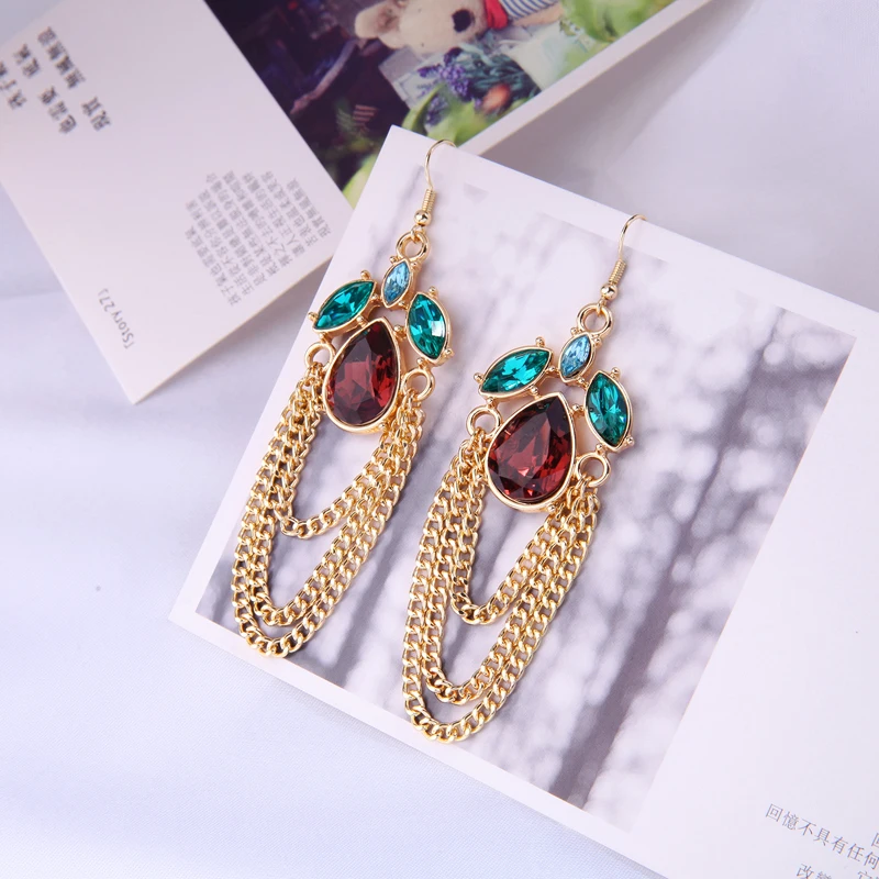 

Big Hanging Wine Red Water Drop Layered Link Chain Earrings Women Piercing Statement Earrings Party Jewelry Fashion Gifts In Box