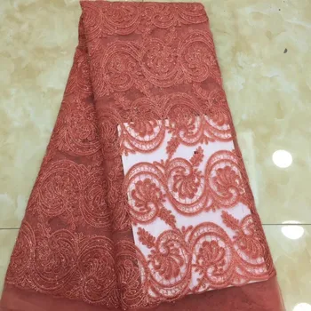 

Fashion African Lace Fabric High Quality Peach Lace nigerian lace fabric 2019 high quality lace With Beaded Stoned 5yards