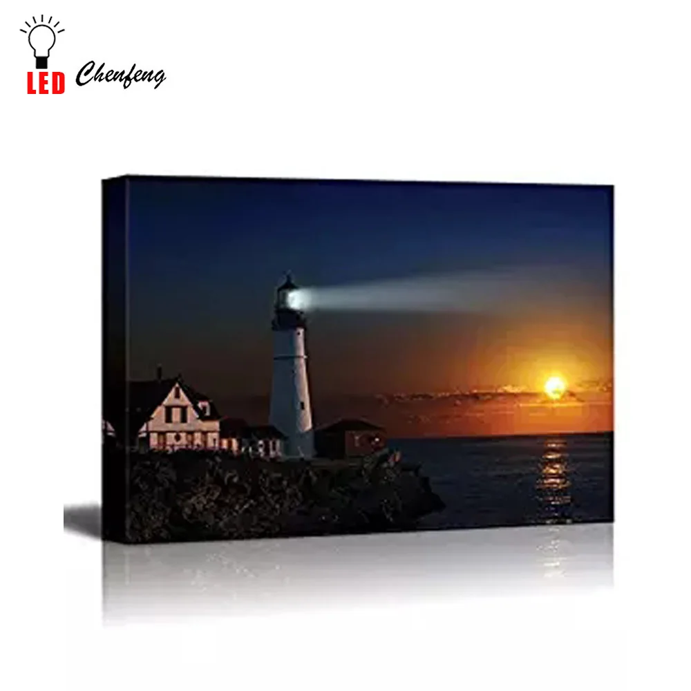 The Wall Mural Sunset At Sea With LED Beacon-LED Image with lighting 