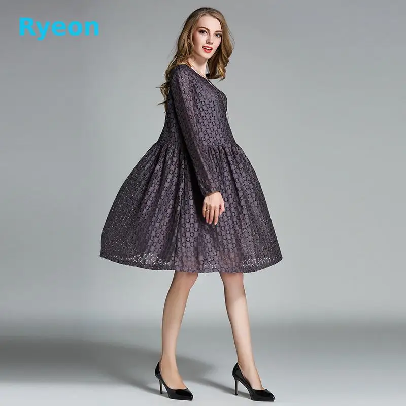 Ryeon 2017 Весной Кружева Большие Женские Платья Плед-Линия Твердые Середины икры