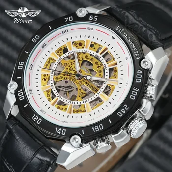 

WINNER Top Brand Luxury Casual Auto Mechanical Genuine Leather Strap Golden Skeleton Dial Unique Design Steampunk Wristwatches