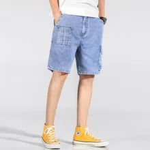 Летние джинсовые шорты мужские Повседневное беленой однотонный, стрейч раза карманами мужской длина выпрямленного колена джинсы Tide Fashion