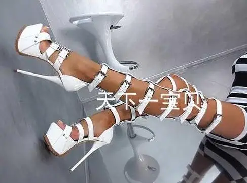 

Real Photo Big Size 10 Black White 16cm Platform Over The Knee Sandals Boots Cut-out Gladiator Sandals Boots For Women Drop Ship