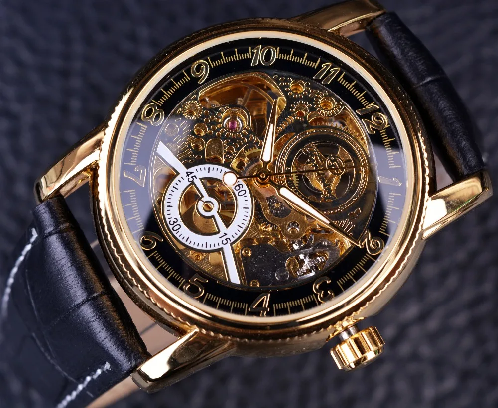 Forsining классические полые гравировка Скелет повседневные дизайнерские черные золотые шестерни ободок часы для мужчин люксовый бренд автоматические часы