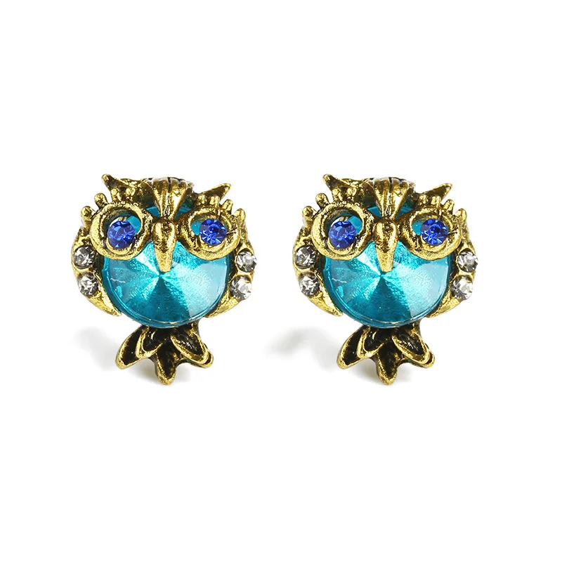 Blue Crystal Owl Stud Earrings Antique Gold Color Animal Earring