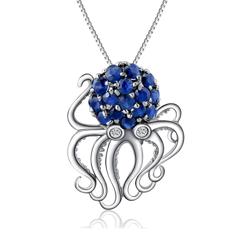 Blue Natural Sapphire Cute Octopus Gift 925 Sterling Silver Pendant