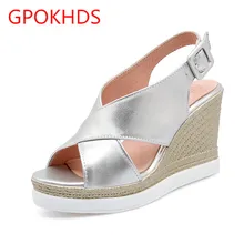 Big size 33-43 high quality hot sale 2017 new style women casual buckle strap wedges peep toe slingback pumps sandals shoes