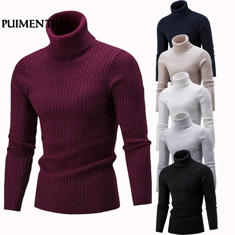 

Puimentiua 2019 Autumn Men's High Neck Sweater Male Solid Simple Slim Fit Hedging Turtleneck Knitted Long Sleeve Pullover Top