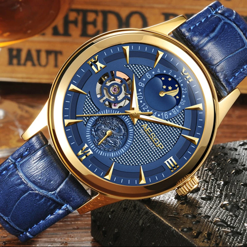 

Fashion AESOP Moon Phase watch men leather Automatic mechanical Sapphire waterproof date watch relogio masculino