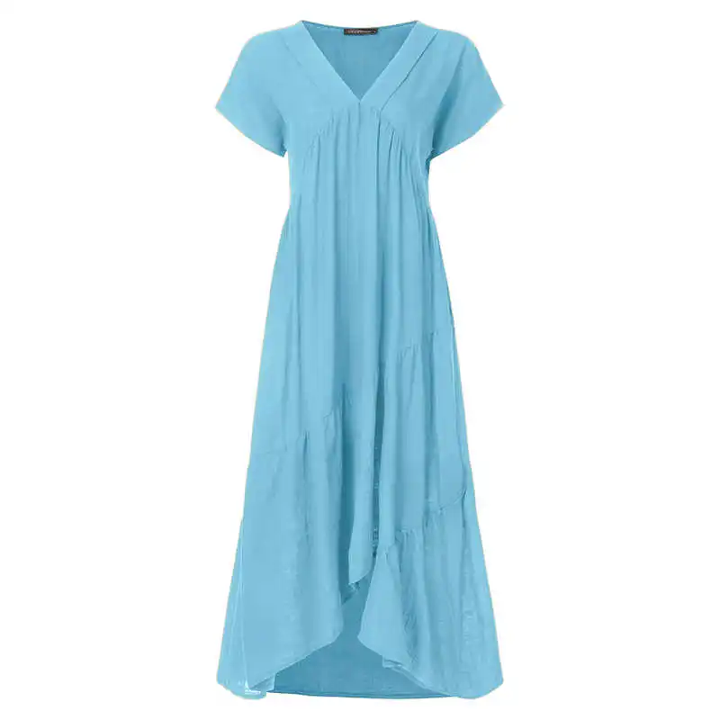 Fashion Tunic Midi Dress Women's Summer Sundress ZANZEA Sexy V Neck Asymmetrical Vestidos Female Plus Size Ruffle Robe - Цвет: Light Blue