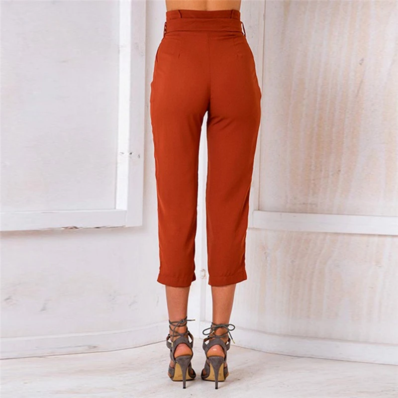 Модные повседневные брюки с высокой талией, летние прямые брюки с поясом, офисные женские укороченные брюки, женские брюки черного и оранжевого цвета