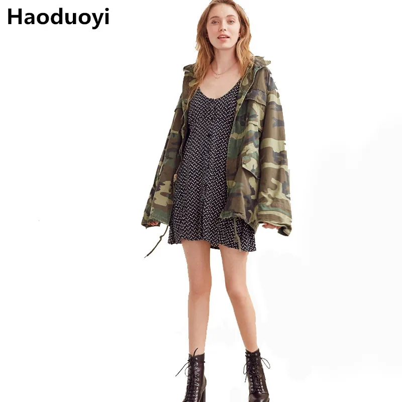 Haoduoyi Fashion Casual Military Camouflage Printed Hooded Jacket Long Sleeve Basic Coat Women Jackets Outwear Spring Autumn top | Женская
