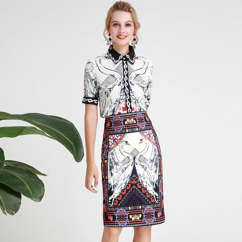 

Red RoosaRosee Designer Runway Women 2 Piece Set Vintage Print Short Sleeve Shirt Top + Knee-length Skirt Suit Fashion Twinset