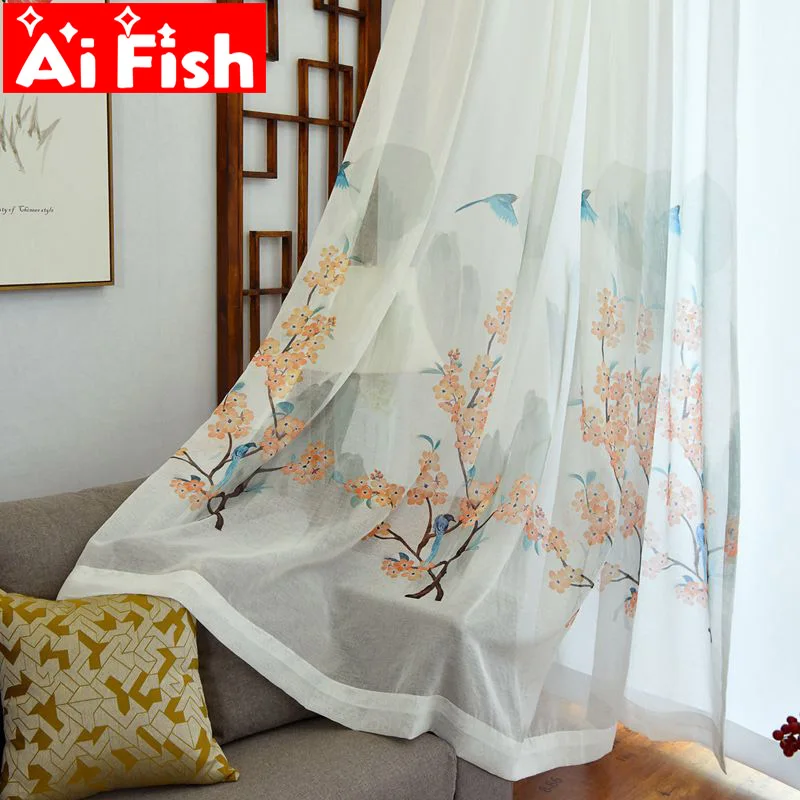 

Custom Study Room Window Sreen Sheer Panels Begonia Flower Bird Chinese Hand-painted Printed Curtains For Living Room MY033-40