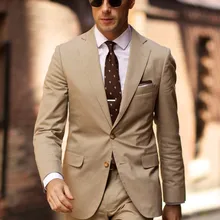 Модный дизайн, изготовленный на заказ, бежевый смокинг для жениха на двух пуговицах, смокинг для жениха с зазубрированным воротником, мужские свадебные костюмы(пиджак+ брюки+ галстук