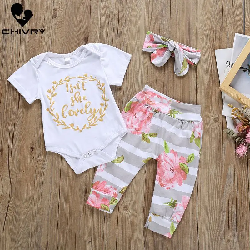 

Chivry 3Pcs Newborn Baby Girl Clothes Short Sleeve O-neck Letter Bodysuits Romper Tops Flower Pants Headband Outfit Clothing Set