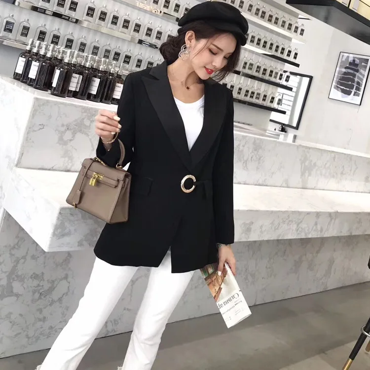 

Spring 2019 The New European and American Style Ring Buckle Black Suit OL Commuter Style Professional Black Jacket Suit Women
