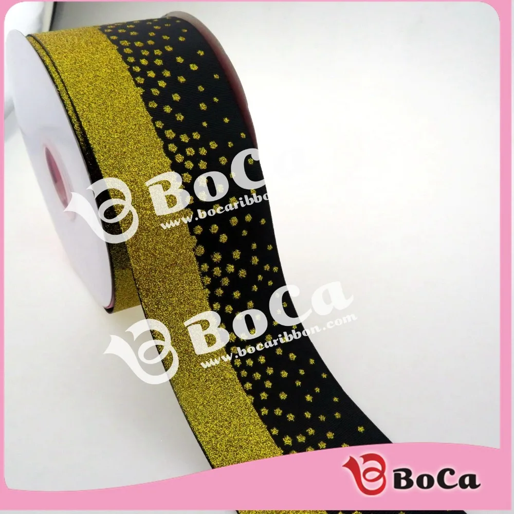 

50 yards new arrival ,3" 75mm gold glitter with black grosgrain ribbon ,many color for choose , very soft to make big bows