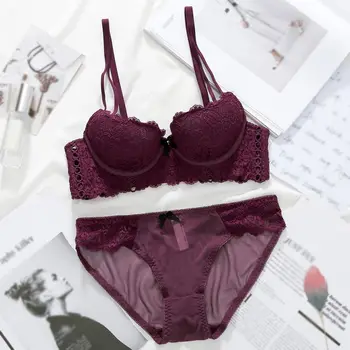 

Women Sexy Lace Bra Set Push Up Lingerie Solid Color Lace Bow Gathering Half Cup Bra Panties Set